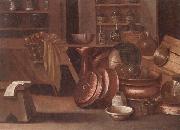 unknow artist A Kitchen still life of utensils and fruit in a basket,shelves with wine caskets beyond China oil painting reproduction